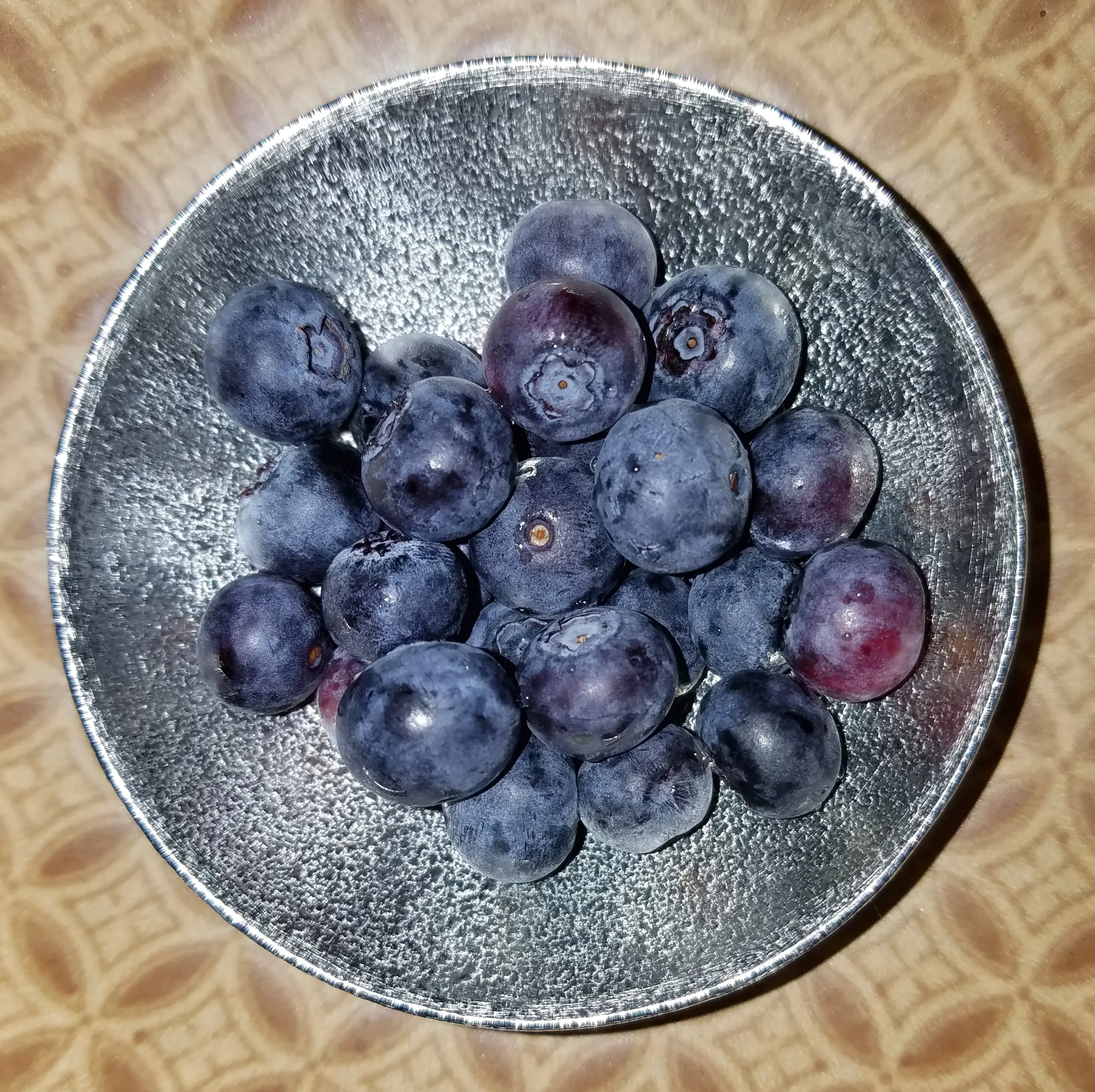 銀色小碗裡裝著二十多顆新鮮藍莓，表面帶有白色果粉