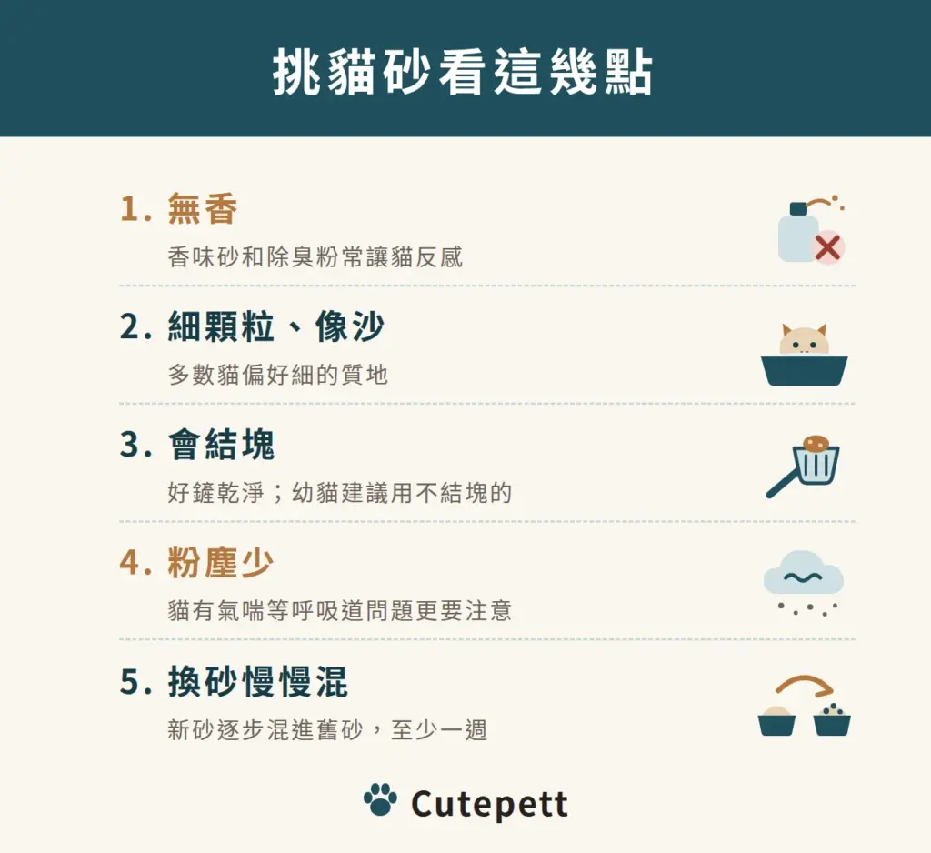 挑貓砂看這幾點：選無香的砂，香味砂和除臭粉常讓貓反感；細顆粒、像沙的質地多數貓偏好；會結塊的砂好鏟乾淨，幼貓建議用不結塊的；粉塵少，貓有氣喘等呼吸道問題更要注意；換砂時新砂逐步混進舊砂，至少花一週