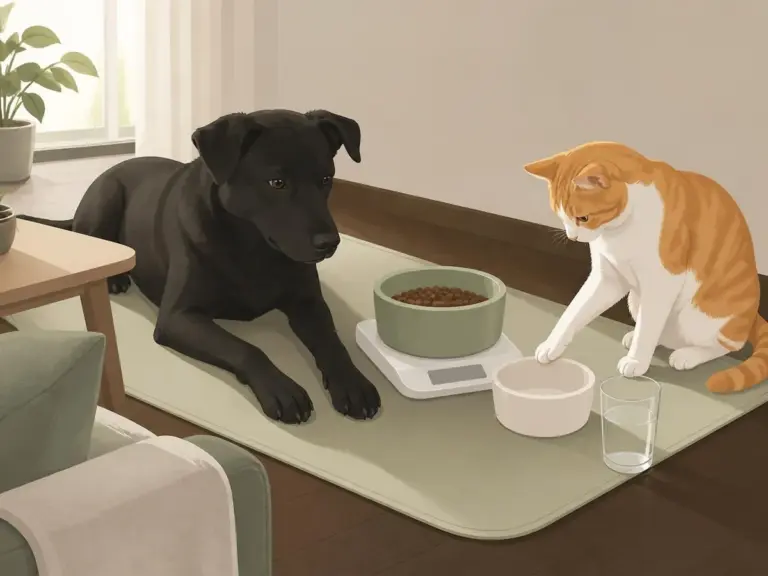 黑狗趴在餵食墊上，橘白貓在放有電子秤和飼料碗的旁邊