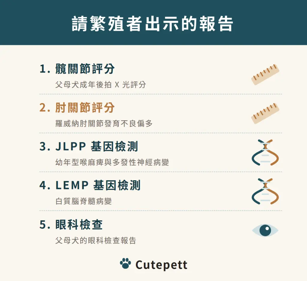 請繁殖者出示的報告：髖關節評分、肘關節評分、JLPP 基因檢測、LEMP 基因檢測、眼科檢查