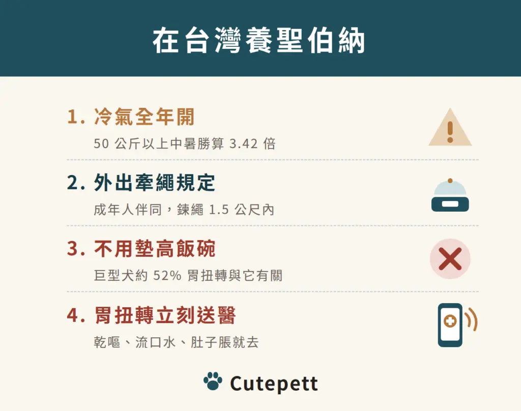 在台灣養聖伯納：冷氣全年開；外出須成年人伴同、鍊繩 1.5 公尺內；不用墊高飯碗；胃扭轉立刻送醫