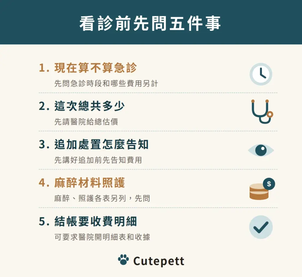 看診前先問這五件事：現在算不算急診（先問急診時段和哪些費用另計）、總估價、追加處置先告知、麻醉材料照護是否另計、結帳可要求收費明細表和收據