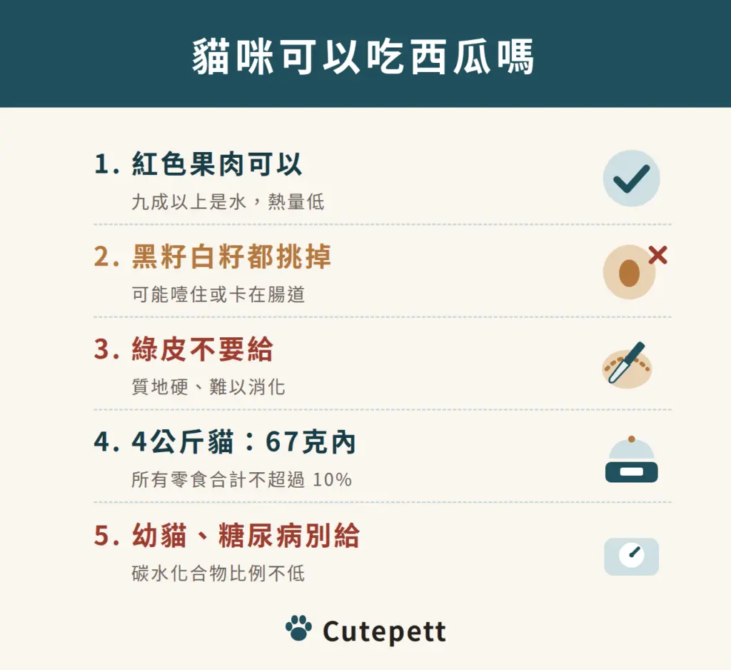 貓咪可以吃西瓜嗎：紅色果肉可以；黑籽白籽都要挑掉；綠皮不要給；4 公斤的貓零食上限約 67 公克；幼貓與糖尿病貓不要給