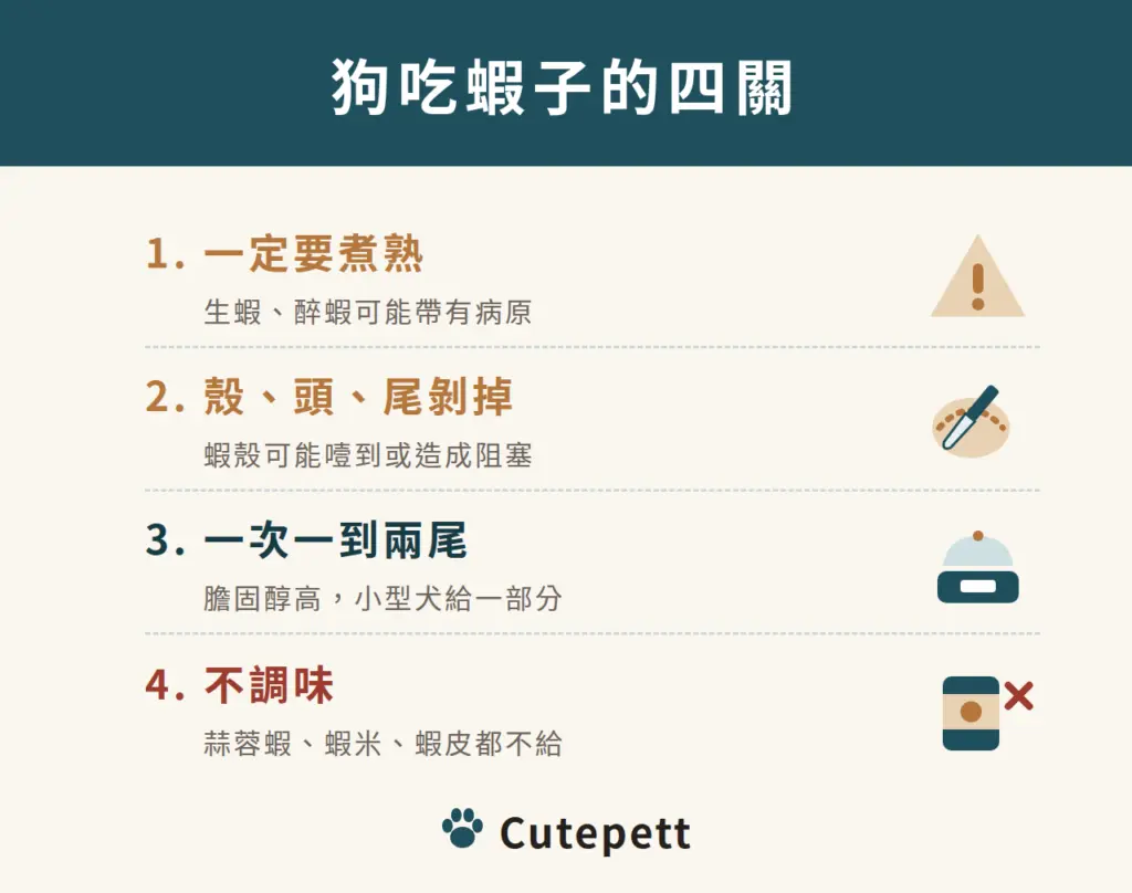 狗吃蝦子的四關：一定要煮熟、剝掉殼頭尾、一次一到兩尾、不調味，蒜蓉蝦與蝦米蝦皮都不要給